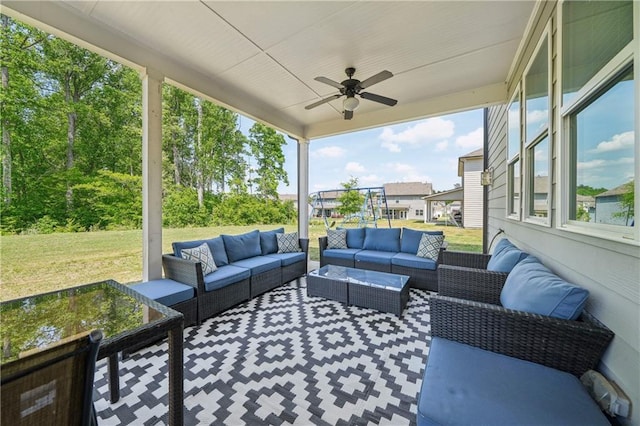 view of patio featuring a ceiling fan and an outdoor hangout area