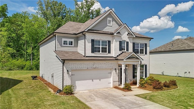 view of front facade with a garage, a front yard, driveway, and brick siding