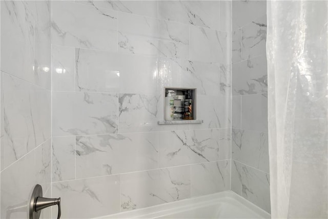 full bathroom with shower / bathtub combination with curtain