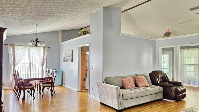 2233 Hansford Pass, Buford, GA 30519 - living area featuring lofted ceiling, a chandelier, a textured ceiling, and wood finished floors