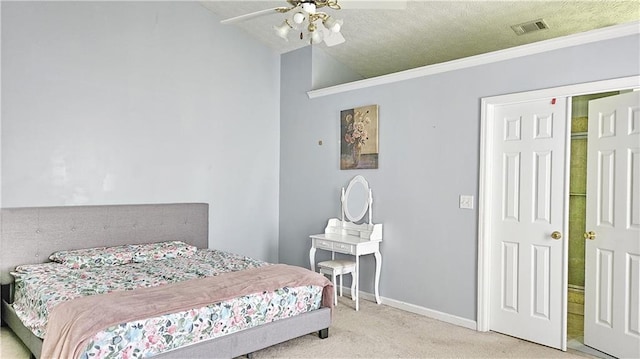 2233 Hansford Pass, Buford, GA 30519 - carpeted bedroom featuring ceiling fan, lofted ceiling, and a textured ceiling