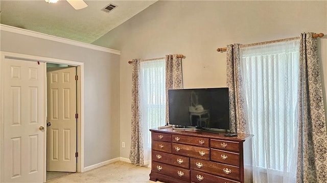 2233 Hansford Pass, Buford, GA 30519 - bedroom featuring lofted ceiling, light colored carpet, and a ceiling fan