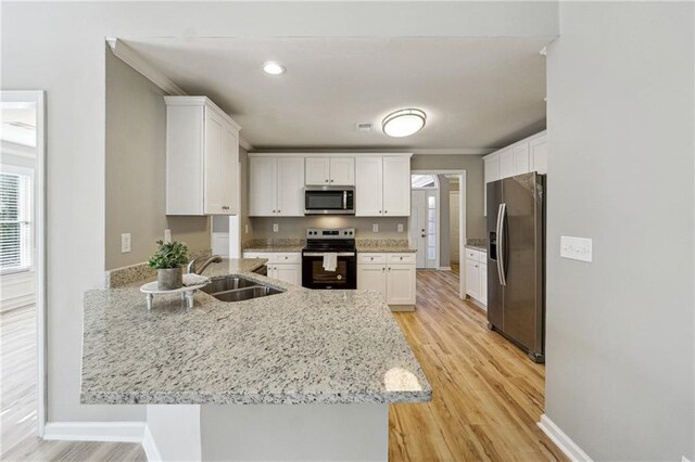 kitchen with appliances with stainless steel finishes, white cabinetry, a sink, and a peninsula