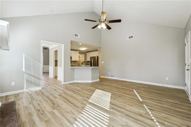 20 Trace Ct, Covington, GA 30016 - unfurnished living room featuring a ceiling fan, high vaulted ceiling, light wood-style flooring, and baseboards