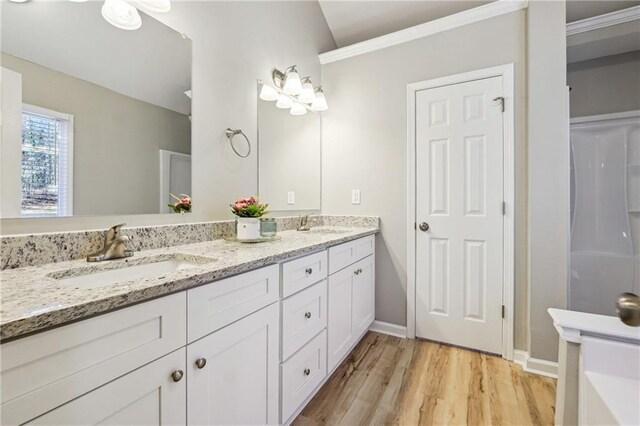 bathroom with double vanity, baseboards, a sink, and wood finished floors