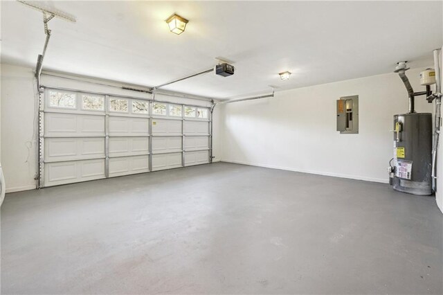 garage featuring electric panel, water heater, baseboards, and a garage door opener