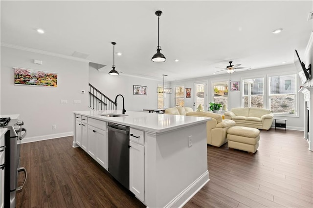 6240 Merrill View Ln, Alpharetta, GA 30004 - kitchen with sink, stainless steel appliances, dark hardwood / wood-style flooring, white cabinets, and an island with sink