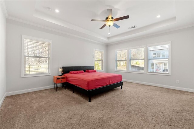 6240 Merrill View Ln, Alpharetta, GA 30004 - bedroom featuring a tray ceiling, ornamental molding, carpet, and ceiling fan