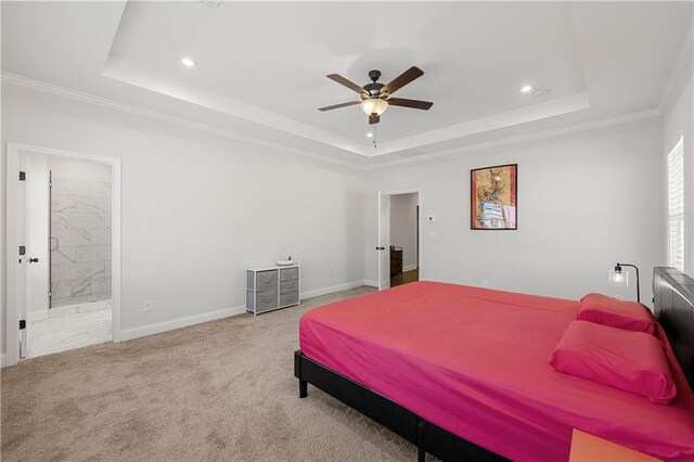 6240 Merrill View Ln, Alpharetta, GA 30004 - carpeted bedroom with connected bathroom, crown molding, and a tray ceiling