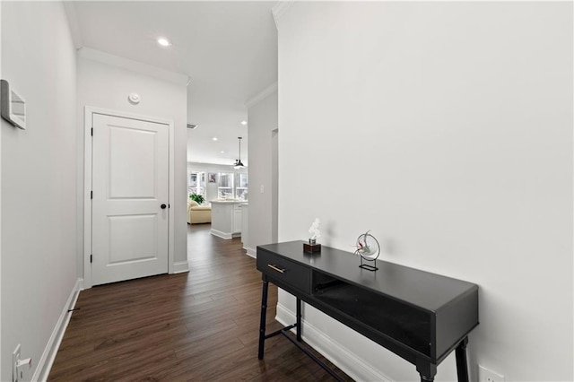 6240 Merrill View Ln, Alpharetta, GA 30004 - corridor featuring dark wood-type flooring and crown molding