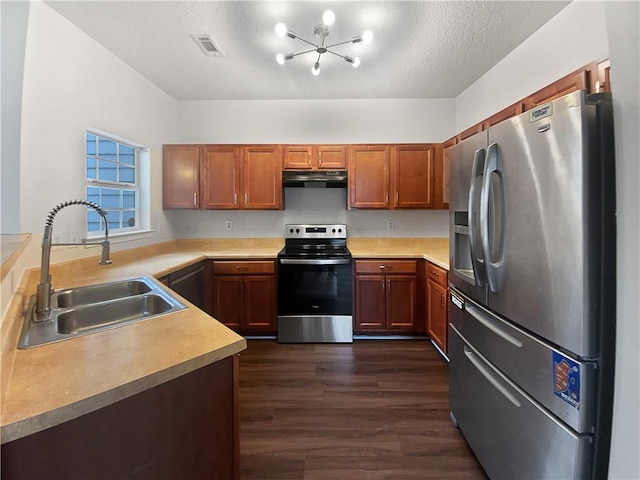 kitchen with dark wood-style flooring, a sink, visible vents, appliances with stainless steel finishes, and ventilation hood