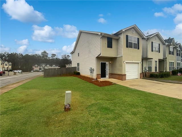 view of front facade with a garage, brick siding, concrete driveway, a residential view, and a front yard