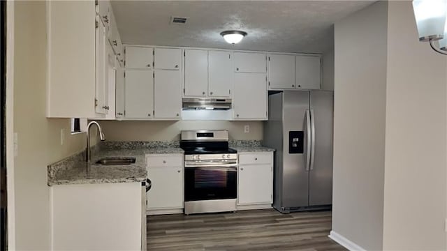 kitchen with light stone counters, dark wood-type flooring, white cabinets, sink, and appliances with stainless steel finishes