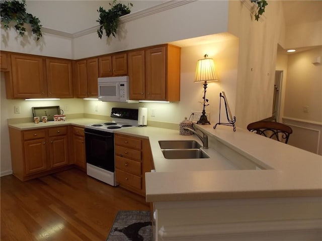 kitchen featuring electric stove, sink, and kitchen peninsula