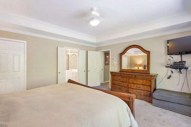 2190 Stephen Long Dr NE, Atlanta, GA 30305 - bedroom with ornamental molding, a tray ceiling, ceiling fan, connected bathroom, and carpet flooring