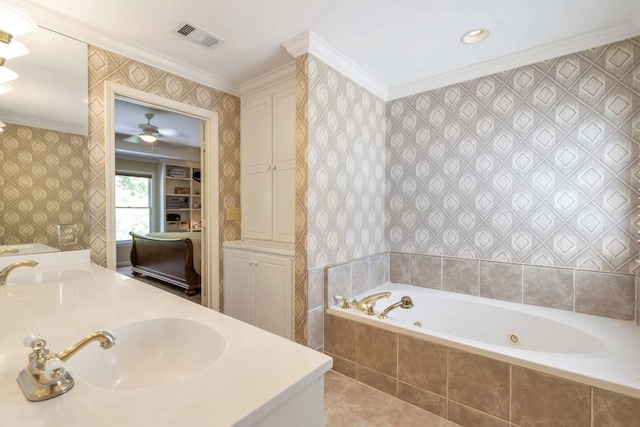2190 Stephen Long Dr NE, Atlanta, GA 30305 - full bathroom featuring wallpapered walls, ornamental molding, a jetted tub, double vanity, and tile patterned flooring