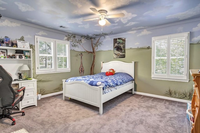 2190 Stephen Long Dr NE, Atlanta, GA 30305 - carpeted bedroom with multiple windows, an office area, crown molding, a ceiling fan, and baseboards