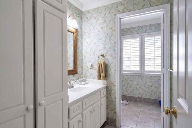 2190 Stephen Long Dr NE, Atlanta, GA 30305 - bathroom featuring wallpapered walls, ornamental molding, vanity, and tile patterned flooring