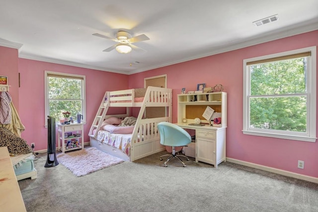 2190 Stephen Long Dr NE, Atlanta, GA 30305 - bedroom featuring ornamental molding, carpet floors, baseboards, a desk, and a ceiling fan