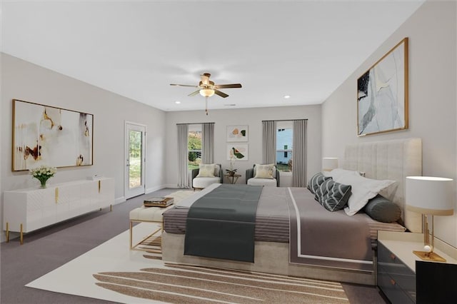 475 Azalea Xing, Dallas, GA 30132 - bedroom featuring baseboards, ceiling fan, carpet, recessed lighting, and access to exterior
