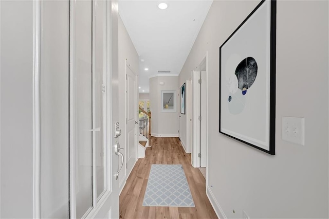 475 Azalea Xing, Dallas, GA 30132 - hall with recessed lighting, stairs, light wood-style floors, and baseboards