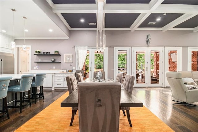 850 Cog Hl, Mcdonough, GA 30253 - dining room with crown molding, beam ceiling, french doors, and dark wood-type flooring