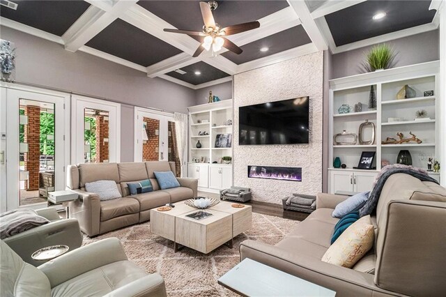 850 Cog Hl, Mcdonough, GA 30253 - living area with coffered ceiling, ceiling fan, wood finished floors, and beam ceiling