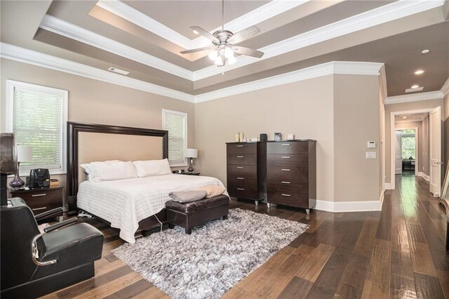 850 Cog Hl, Mcdonough, GA 30253 - bedroom with crown molding, baseboards, recessed lighting, a raised ceiling, and dark wood finished floors