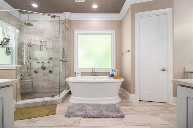 850 Cog Hl, Mcdonough, GA 30253 - bathroom with vanity, marble finish floor, a shower stall, ornamental molding, and a soaking tub
