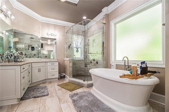 850 Cog Hl, Mcdonough, GA 30253 - bathroom featuring crown molding, a freestanding bath, a stall shower, and vanity