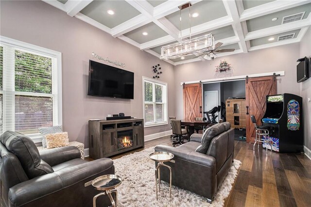 850 Cog Hl, Mcdonough, GA 30253 - living room featuring coffered ceiling, a ceiling fan, dark wood-style floors, and a barn door