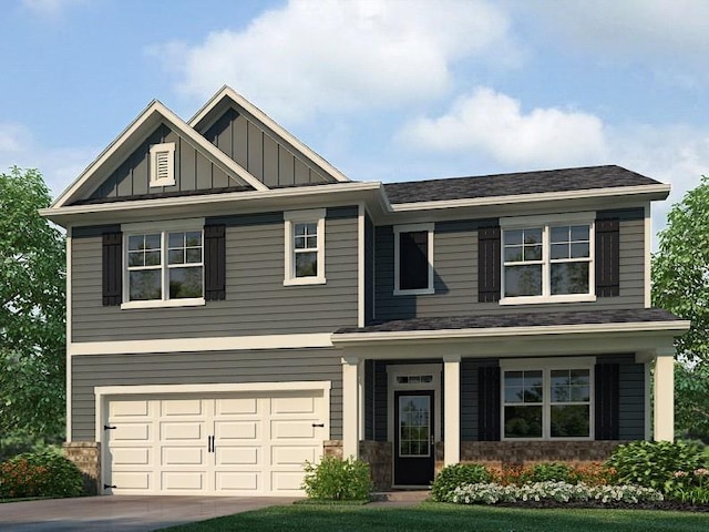 craftsman-style home featuring board and batten siding, concrete driveway, stone siding, and a garage