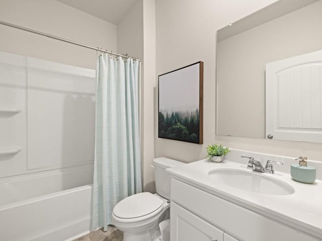 full bathroom with toilet, shower / bath combination with curtain, and vanity