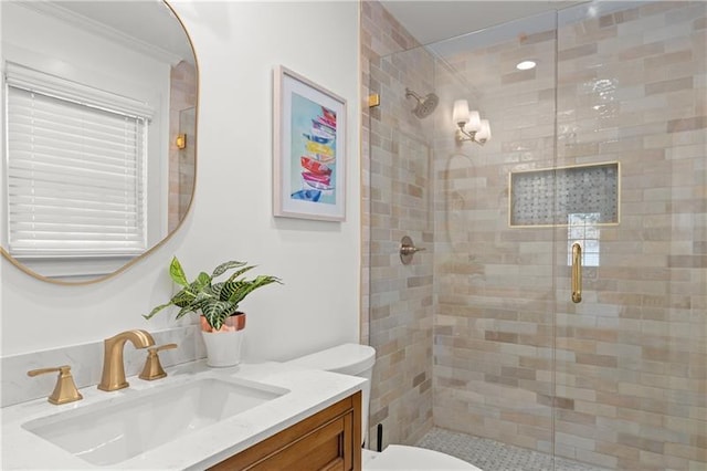 bathroom featuring vanity, a stall shower, and toilet