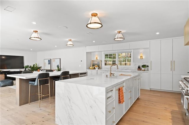 kitchen with a large island with sink, a sink, light wood finished floors, and modern cabinets