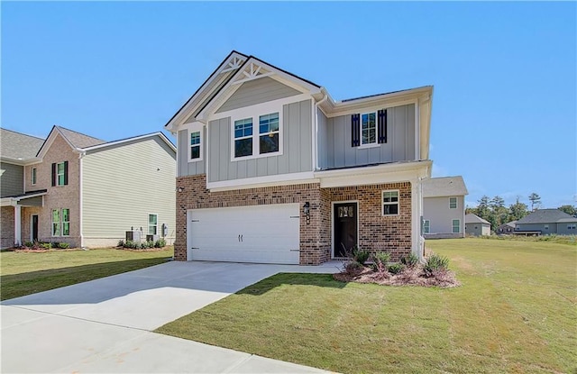 craftsman inspired home featuring a garage, central AC, and a front lawn