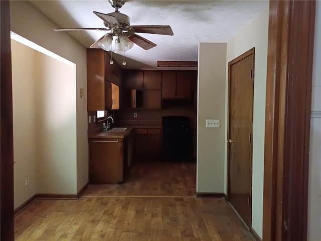 kitchen featuring hardwood / wood-style flooring, ceiling fan, sink, and a textured ceiling