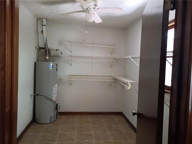 interior space featuring ceiling fan and gas water heater