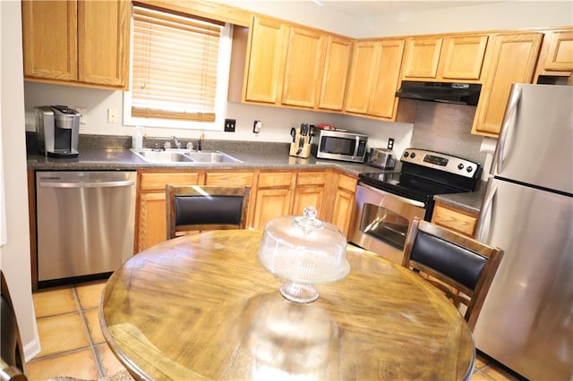 kitchen with light tile patterned flooring, sink, and appliances with stainless steel finishes