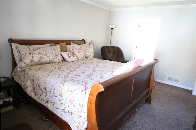 carpeted bedroom with ornamental molding