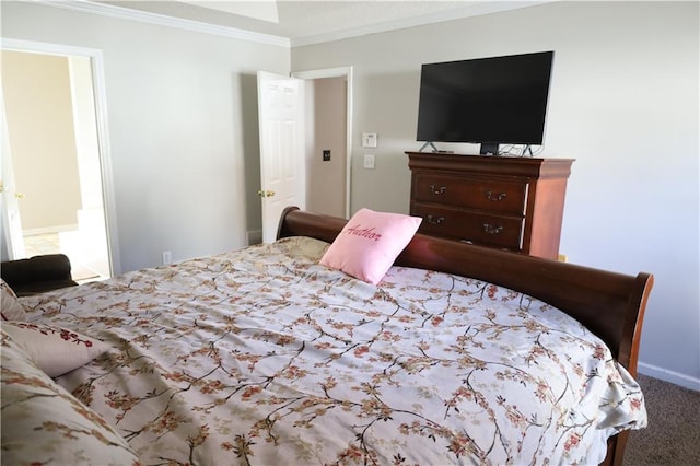 bedroom featuring carpet floors and ornamental molding