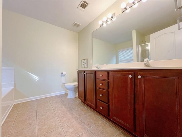 full bathroom featuring tile patterned floors, vanity, toilet, and shower with separate bathtub