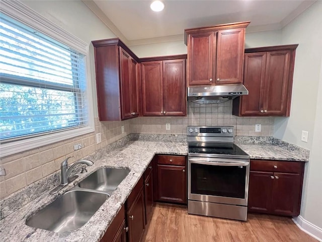 kitchen with tasteful backsplash, sink, stainless steel range with electric cooktop, and light wood-type flooring