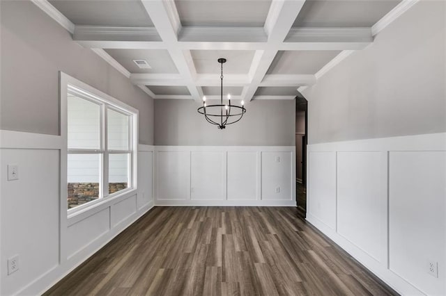 unfurnished dining area with coffered ceiling, crown molding, beamed ceiling, a chandelier, and dark hardwood / wood-style floors