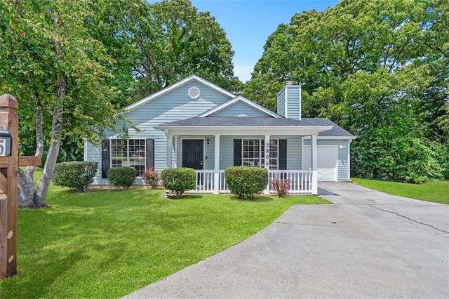 ranch-style home with covered porch, a garage, a chimney, concrete driveway, and a front yard