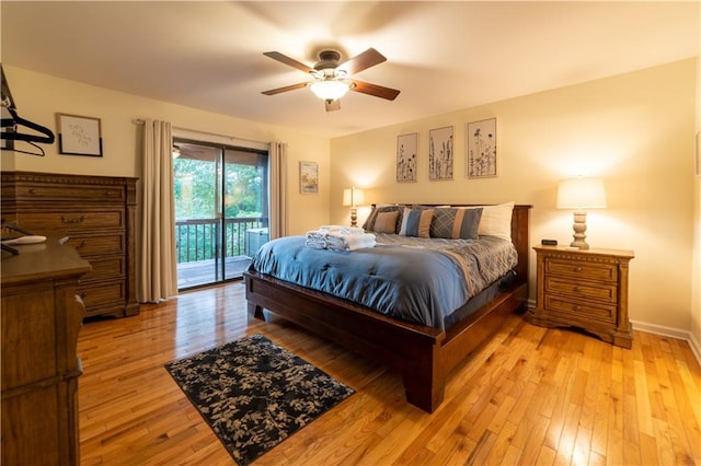 bedroom with light wood-type flooring, access to exterior, and ceiling fan