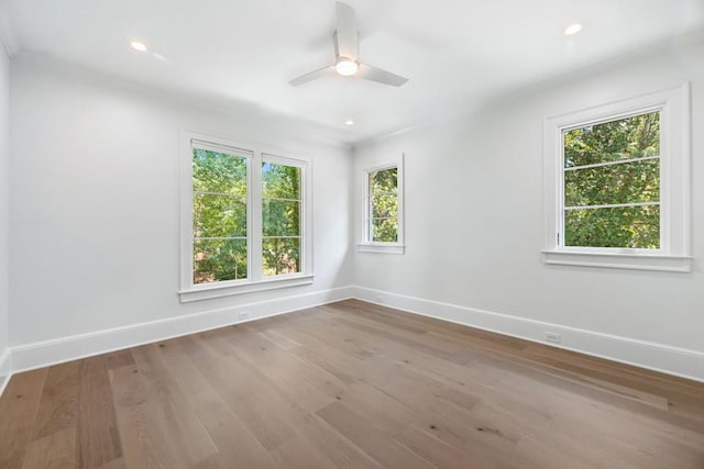 empty room with crown molding, wood-type flooring, and ceiling fan