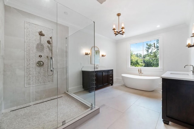 bathroom with tile patterned flooring, vanity, ornamental molding, and independent shower and bath