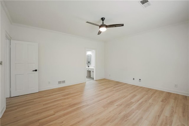 3649 Peachtree Rd NE Unit 305, Atlanta, GA 30319 - empty room with ornamental molding, ceiling fan, light wood-style flooring, and baseboards