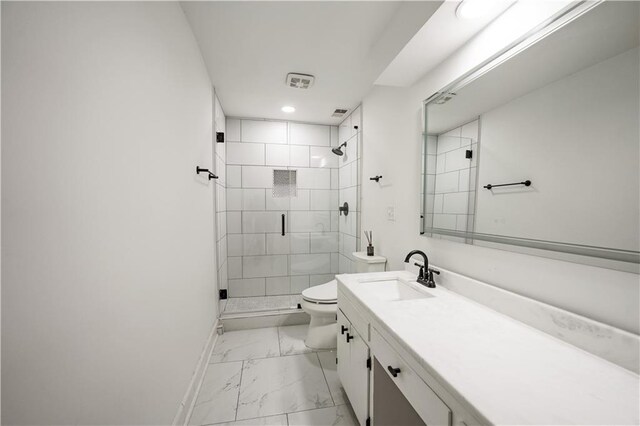 3649 Peachtree Rd NE Unit 305, Atlanta, GA 30319 - bathroom with marble look tiles, toilet, vanity, a shower stall, and recessed lighting